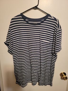 Merona Navy and White Striped Short Sleeve Pocket Tee
